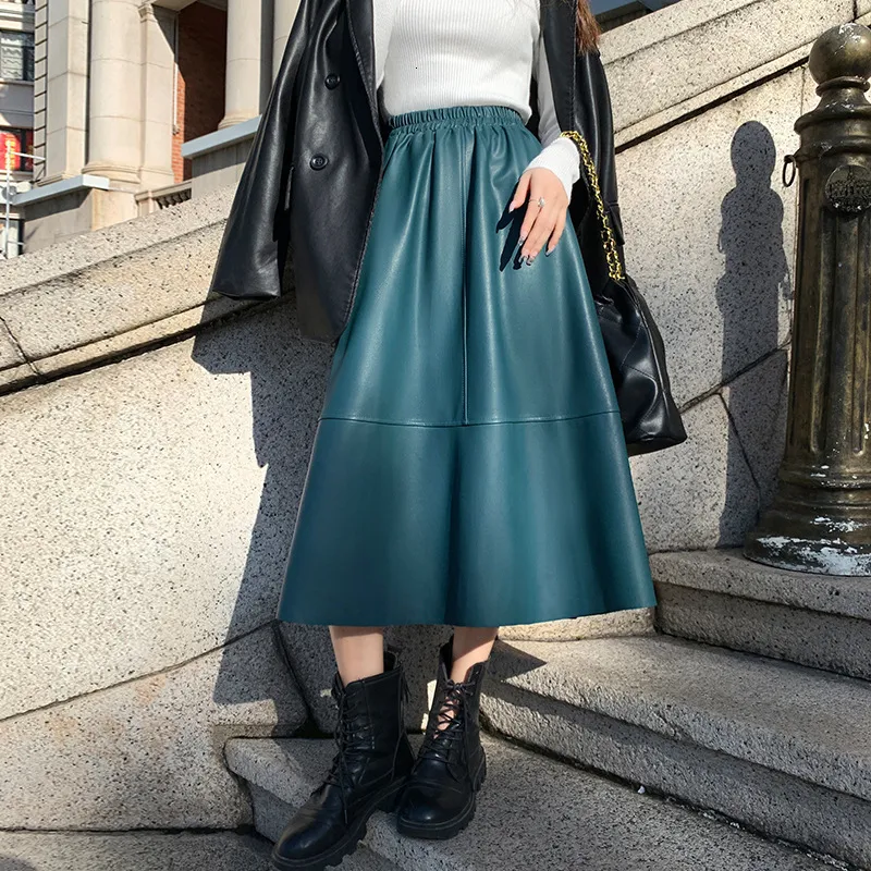 Skirts Genuine Leather Thin A-line Pleated Skirts Femme Casual Skirt