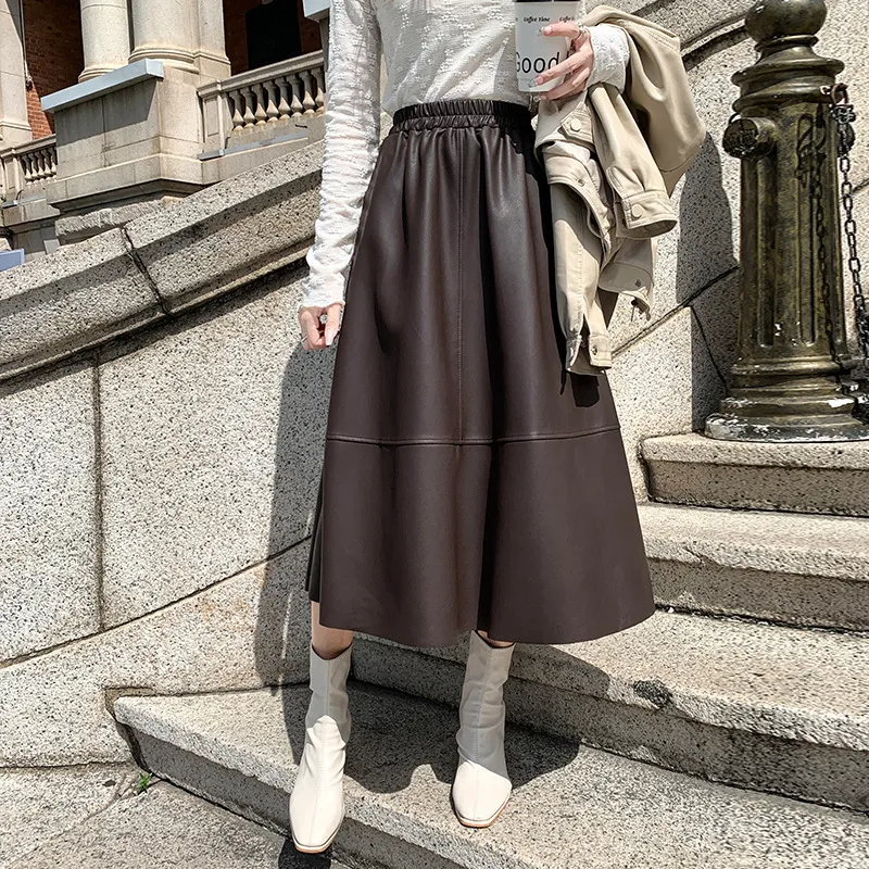 Skirts Genuine Leather Thin A-line Pleated Skirts Femme Casual Skirt