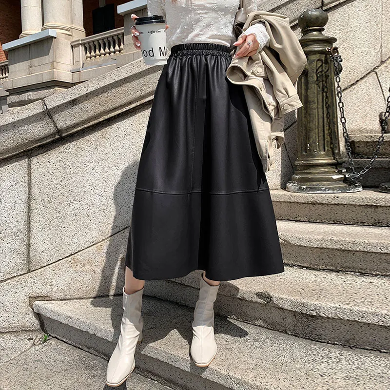 Skirts Genuine Leather Thin A-line Pleated Skirts Femme Casual Skirt