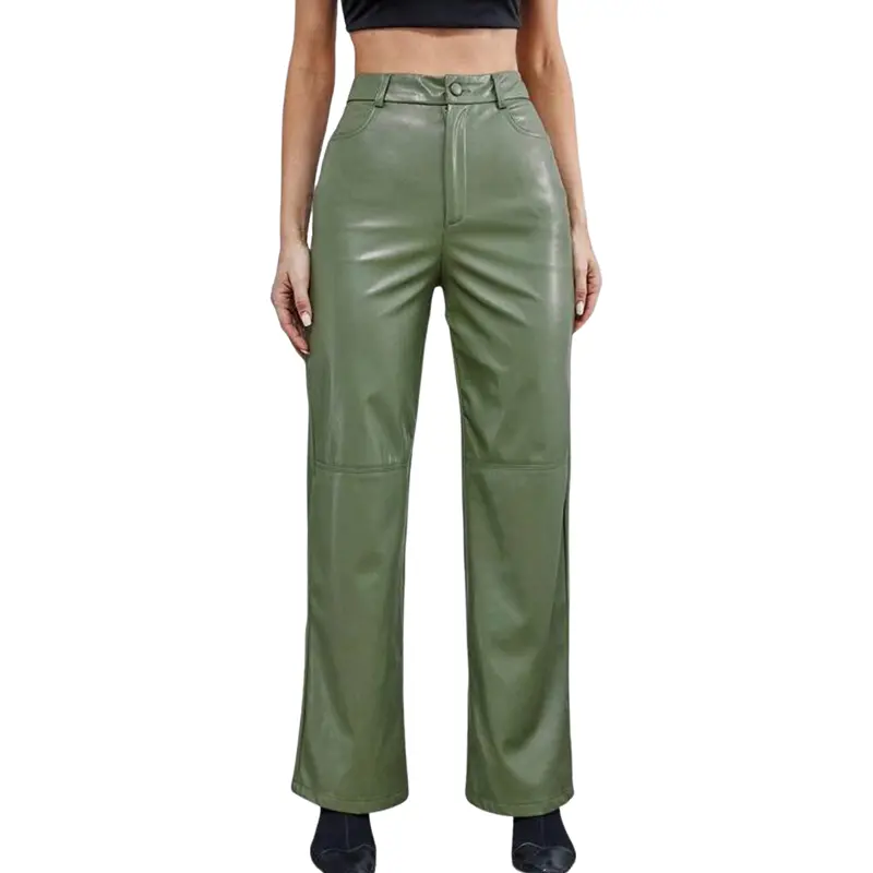 Women's Faux Leather Pants - Solid Color High Waist Straight Leg Vintage Streetwear Trousers Women's Faux Leather Pants - Solid Color High Waist Straight Leg Vintage Streetwear Trousers