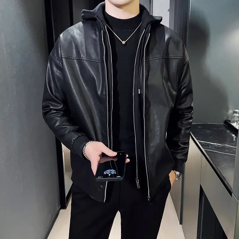 Man Fake Two Motorcycle Leather Jackets Fashion Hooded Leather Jacket Version Loose Man Leather Jacket