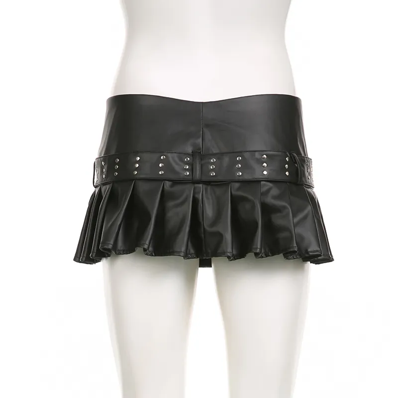 Sexy PU Leather A-line Pleated Mini Skirt Black Dropped Waist Slit Super-short Skirts With Belt