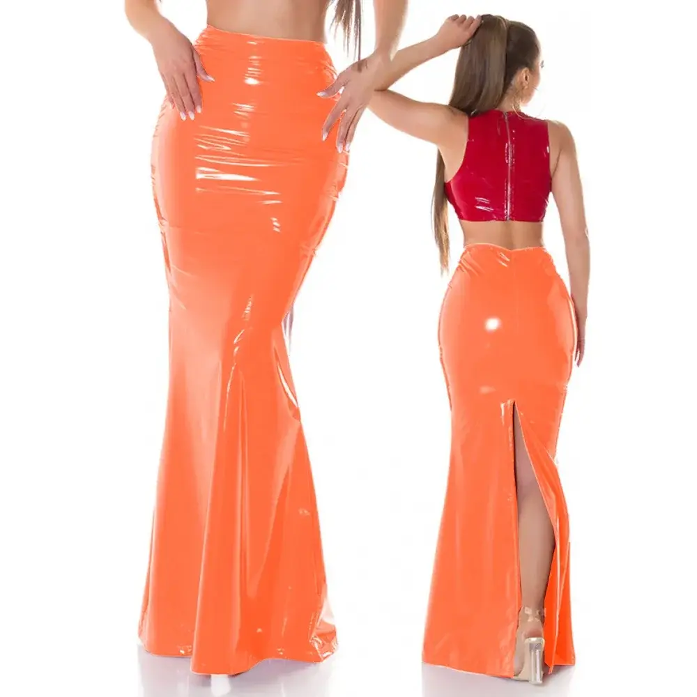 Candy Color Bodycon Mermaid Skirts For Women Fashion High Waist Slim Split Back PU Leather Skirt