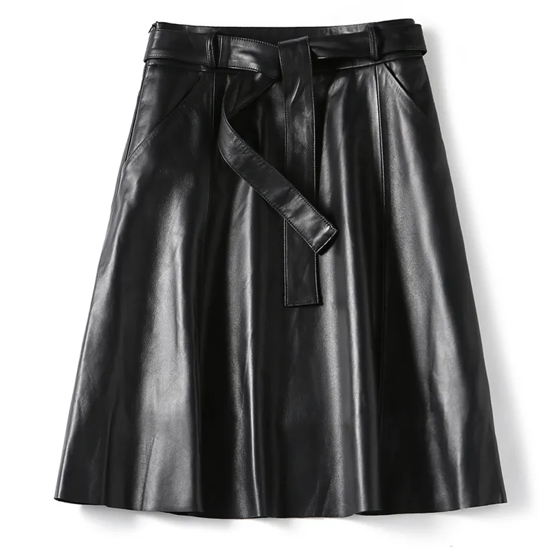 Pleated Skirt Women Female Knee High Soft Genuine Leather Belt Pocket