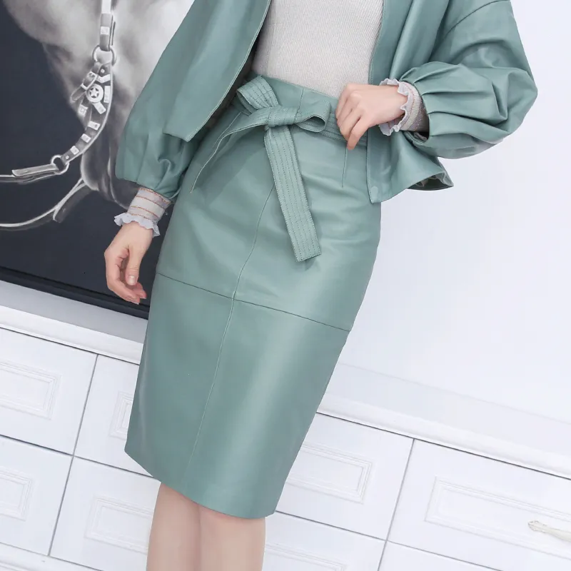Women Genuine Leather OL Knee Length Skirt Female Elegant Slim Wrap Jupe With Belt