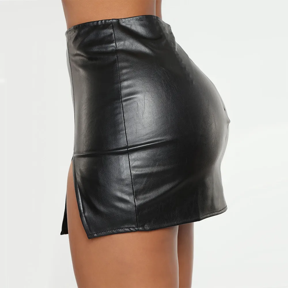 Women Mini Wrap PU Leather Skirt Ladies Sexy Split Skirts High Waist Casual Nightclub Party Zipper Skinny Skirt