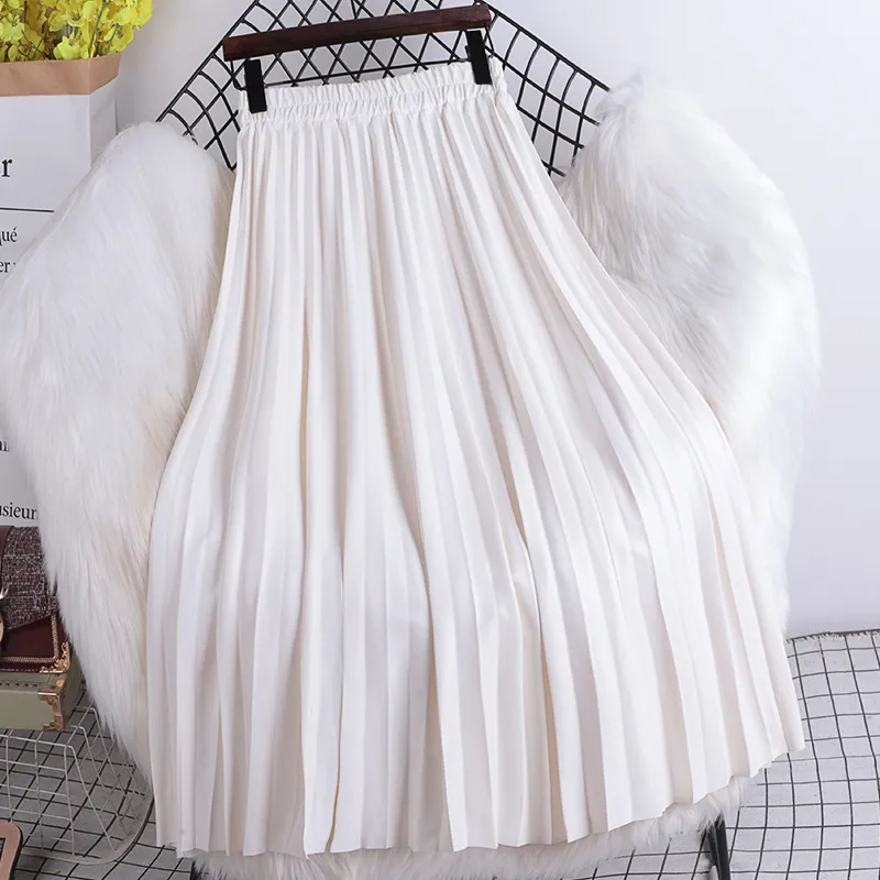 Faux Leather Women Skirt Autumn Winter Casual Solid PU A Line High Waist Pleated Long Female