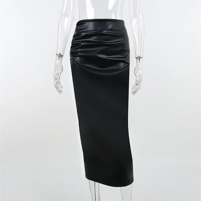 Elegant Skirt Office Lady Fashion Ruched PU Leather Midi Skirts Women Slim High Waist Skirts