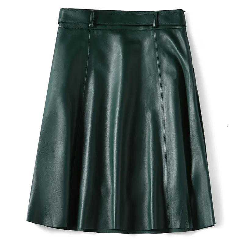 Pleated Skirt Women Female Knee High Soft Genuine Leather Belt Pocket