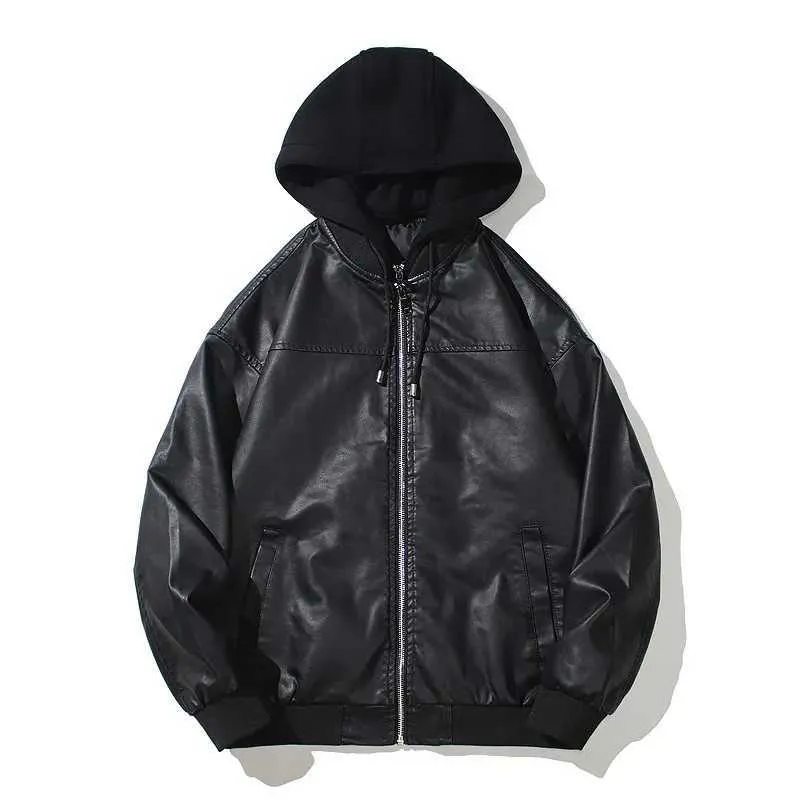Men's Hooded PU Leather Jacket Motorcycle Hooded Young Leather Coat Men