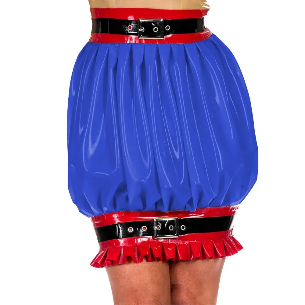 Women Bubble Skirt Wetlook Ruffles Mini High Waist Bodycon Skirts Shiny PU Leather Short Skirt Party Wear