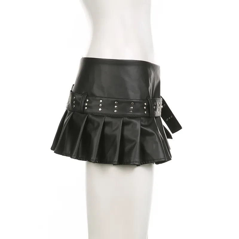 Sexy PU Leather A-line Pleated Mini Skirt Black Dropped Waist Slit Super-short Skirts With Belt