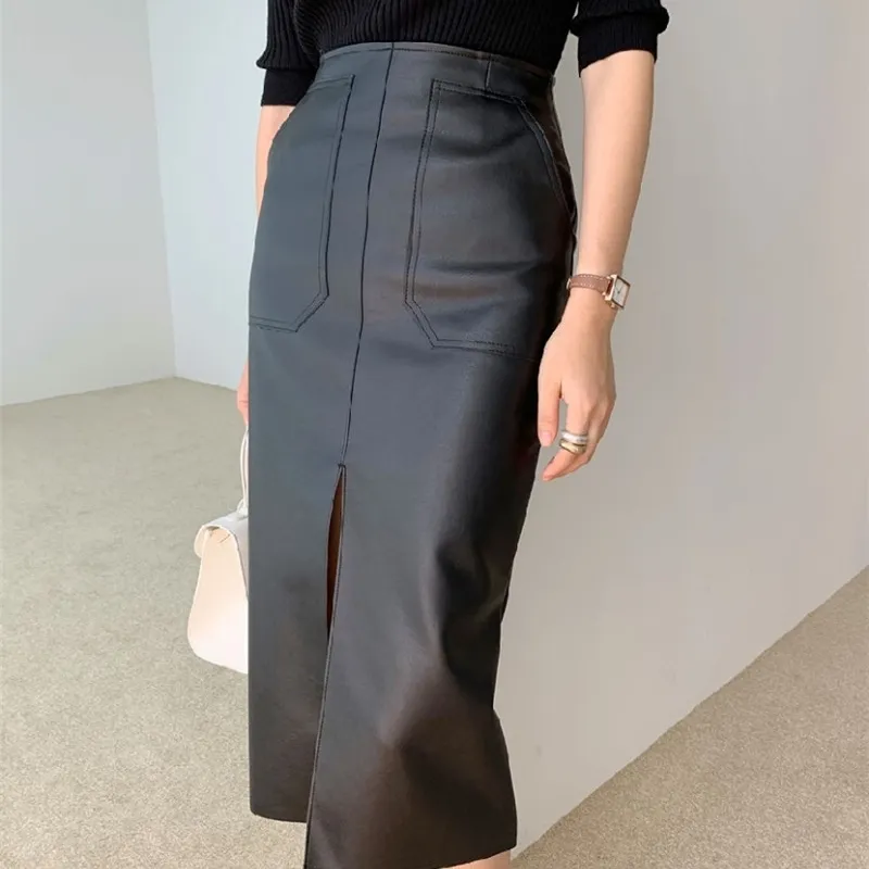 Spring Women PU Leather Skirts High Waist Pockets ...