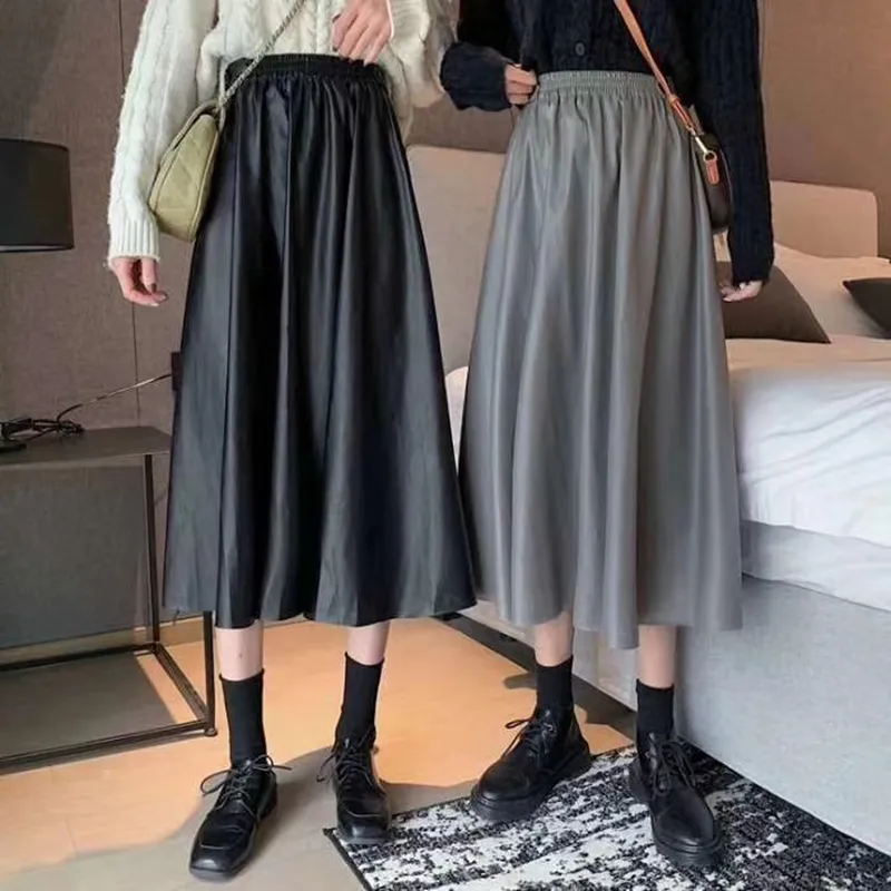 Ladies PU Faux Leather Midi Skirts Winter Solid Fashion Pleated High Waist Vintage Women Skirts