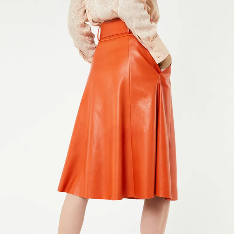Pleated Skirt Women Female Knee High Soft Genuine Leather Belt Pocket
