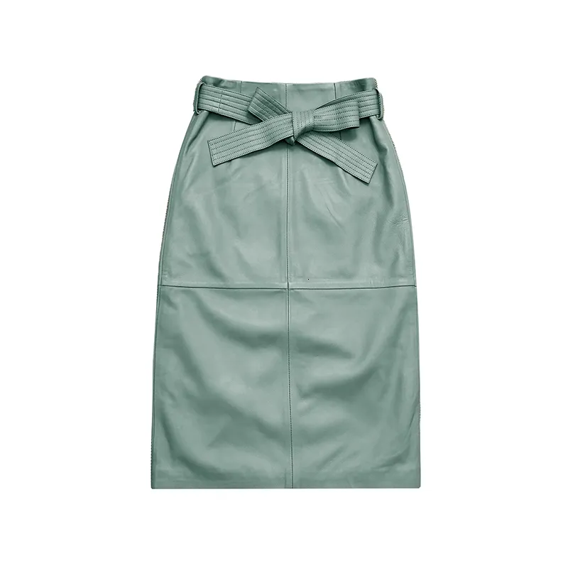 Women Genuine Leather OL Knee Length Skirt Female ...