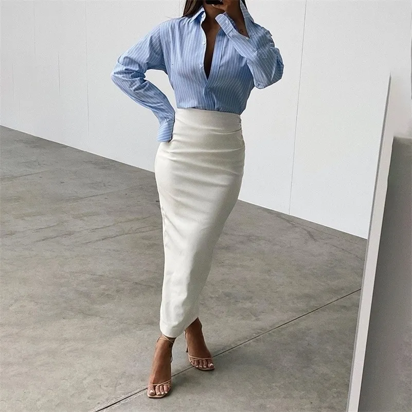 Elegant Skirt Office Lady Fashion Ruched PU Leather Midi Skirts Women Slim High Waist Skirts