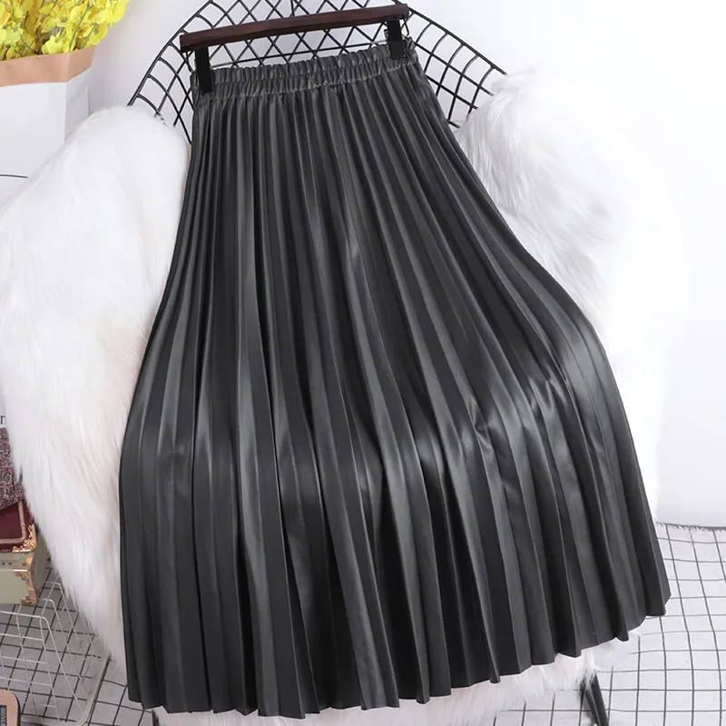 Faux Leather Women Skirt Autumn Winter Casual Soli...