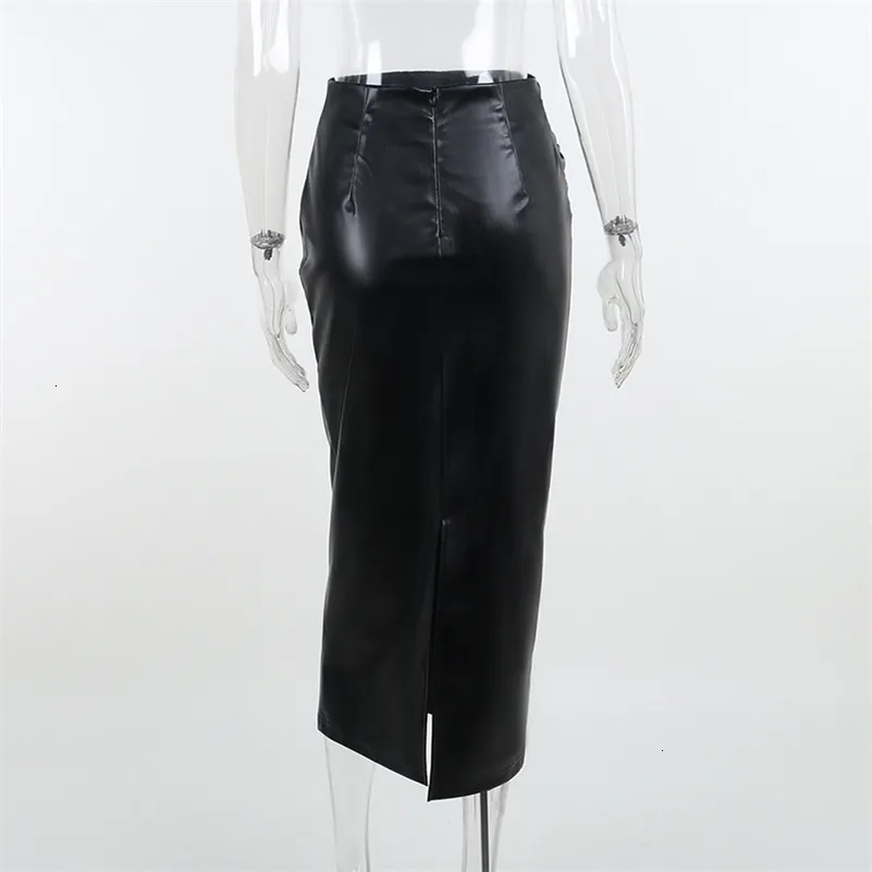 Elegant Skirt Office Lady Fashion Ruched PU Leather Midi Skirts Women Slim High Waist Skirts