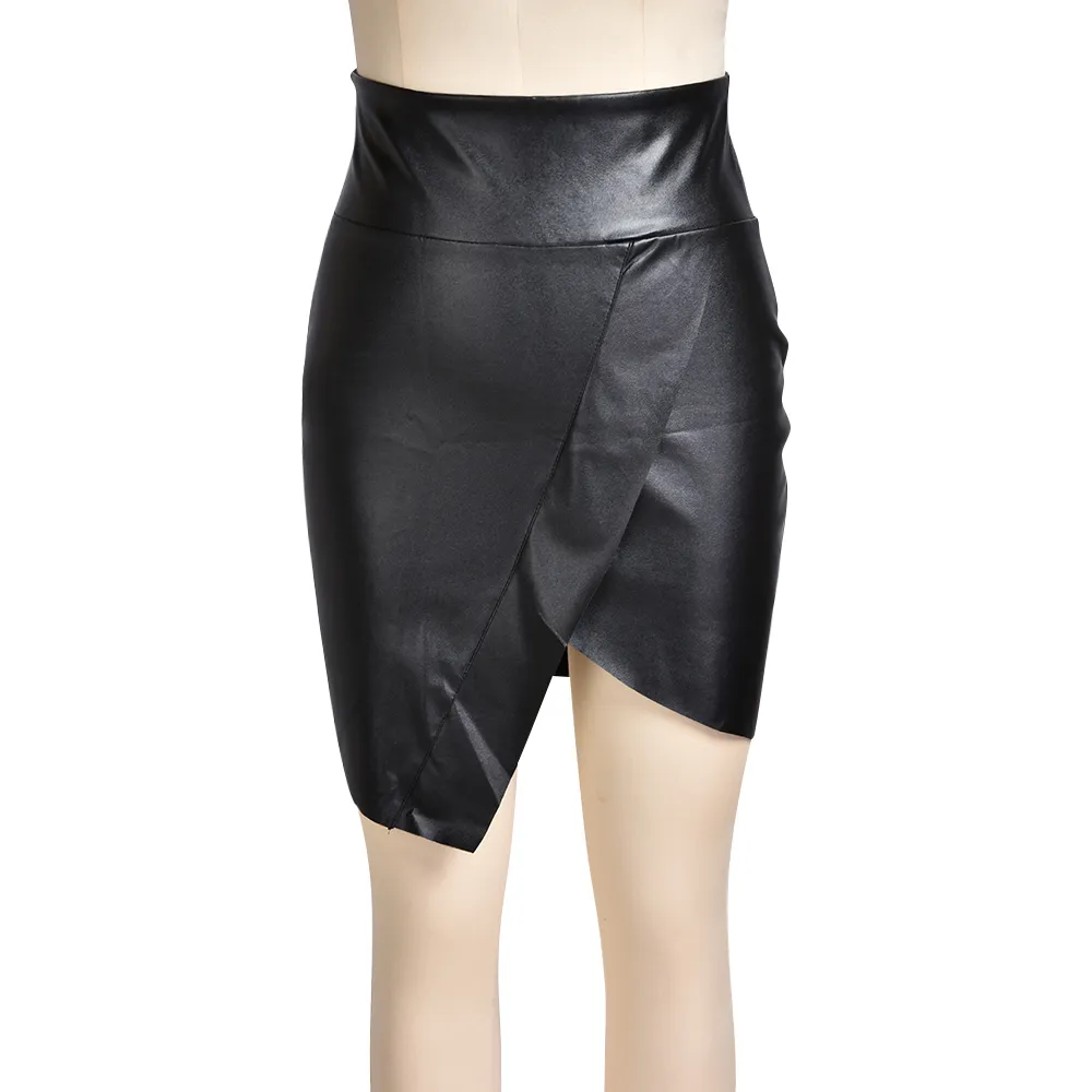 Black PU Leather Skirt Women Sexy High Waist Bodycon Surplice Wrap Skirt Office Ladies Asymmetrical Club Party Skirt
