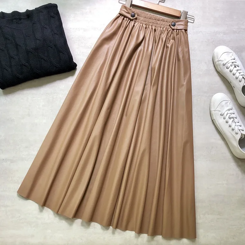 Ladies PU Faux Leather Midi Skirts Winter Solid Fashion Pleated High Waist Vintage Women Skirts