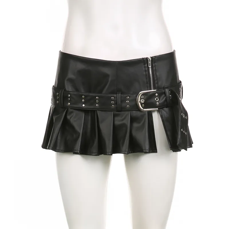 Sexy PU Leather A-line Pleated Mini Skirt Black Dropped Waist Slit Super-short Skirts With Belt
