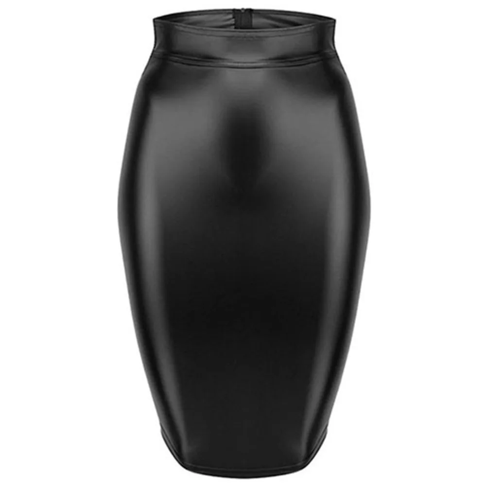 PU Leather Skirt Zipper Bandage Bodycon Knee-lengt...