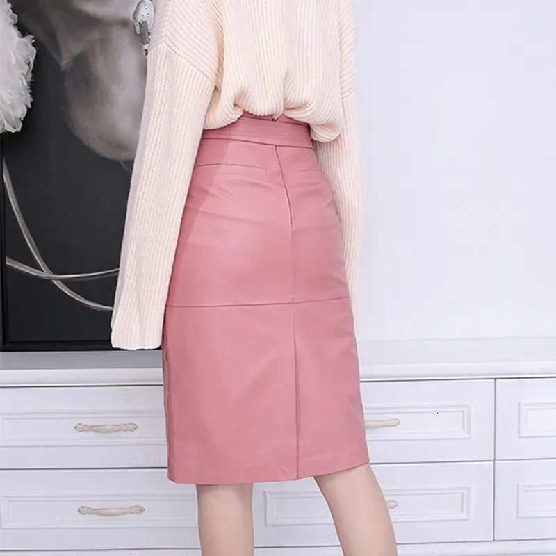 Women Genuine Leather OL Knee Length Skirt Female Elegant Slim Wrap Jupe With Belt