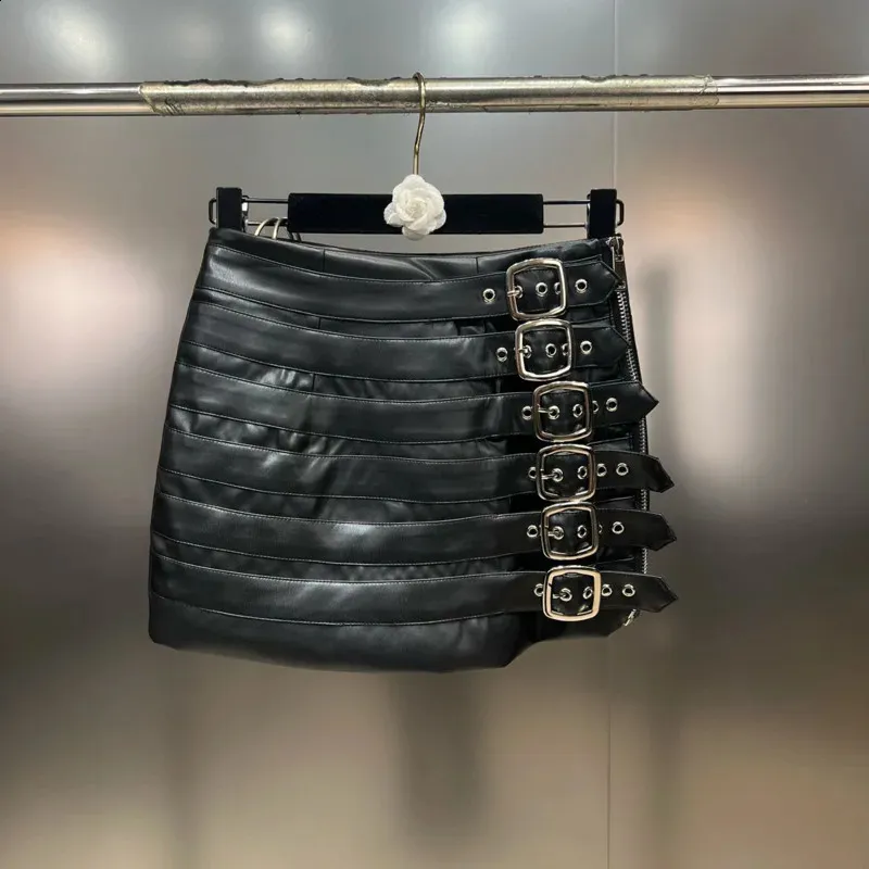 Multi Belts Patchwork Metal Buckles Black Slimbodycon PU Leather Skirt Women