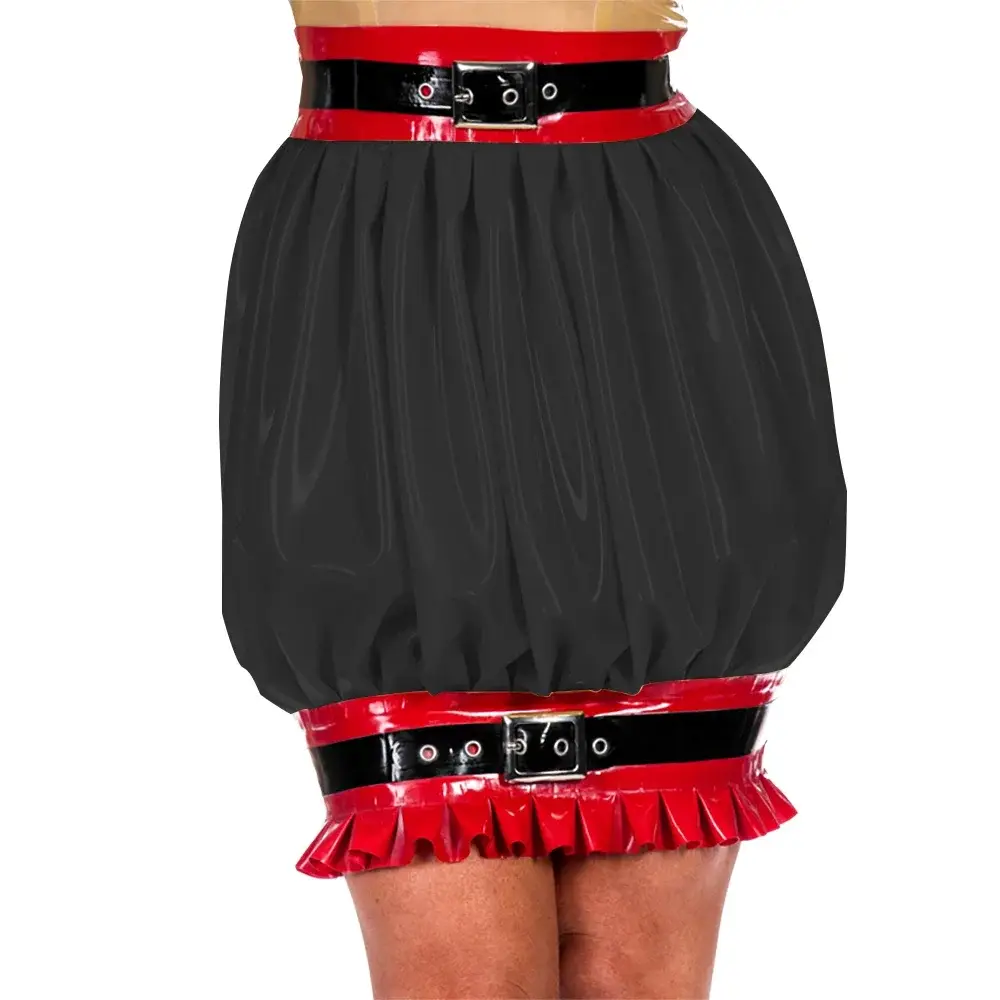 Women Bubble Skirt Wetlook Ruffles Mini High Waist Bodycon Skirts Shiny PU Leather Short Skirt Party Wear