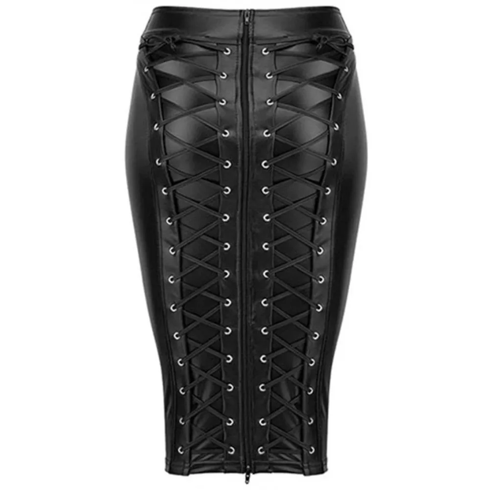 PU Leather Skirt Zipper Bandage Bodycon Knee-length Skirts Women Ladies Slim Pencil Skirts Female Nightclub Costume