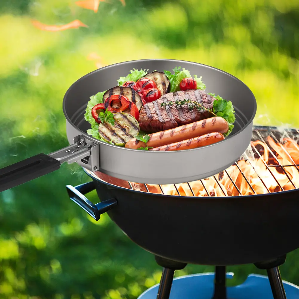 Titanium Alloy Frying Pan Ultra Light Bbq Frying Pan With Folding Handle Suitable For Outdoor Cooking Camping