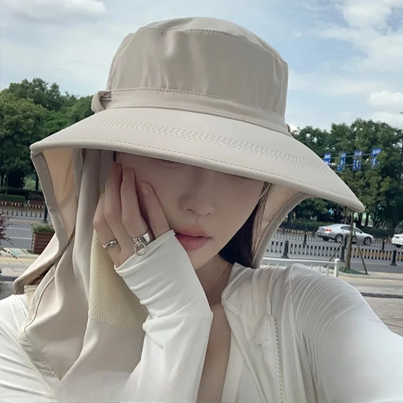 Summer Wide Brim Sun Hat with Face Cover - Full Coverage UV Protection Bucket Hat -Outdoor Beach Travel