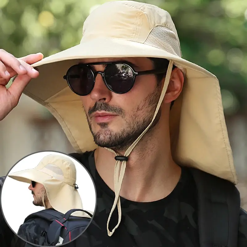 Outdoor Fisherman Hat Wide Brim Bucket Hat with Neck Cover Summer Breathable  Sun Protection Visor Anti UV Cap