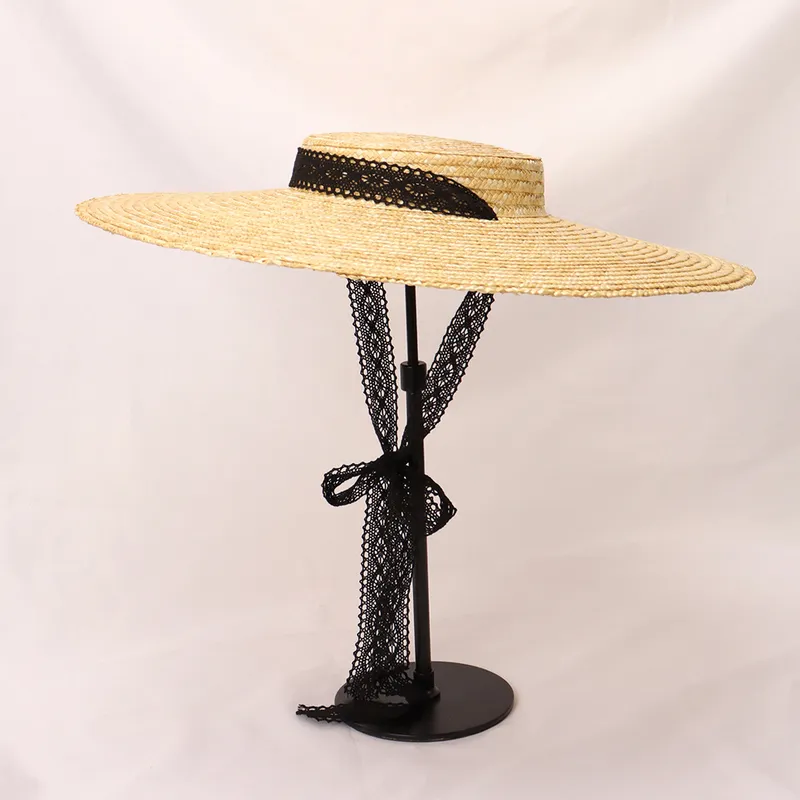 Vintage Large Brim Straw Hat for Women Flat Top Summer Beach Cap Shallow Crown Boater Sun Hats