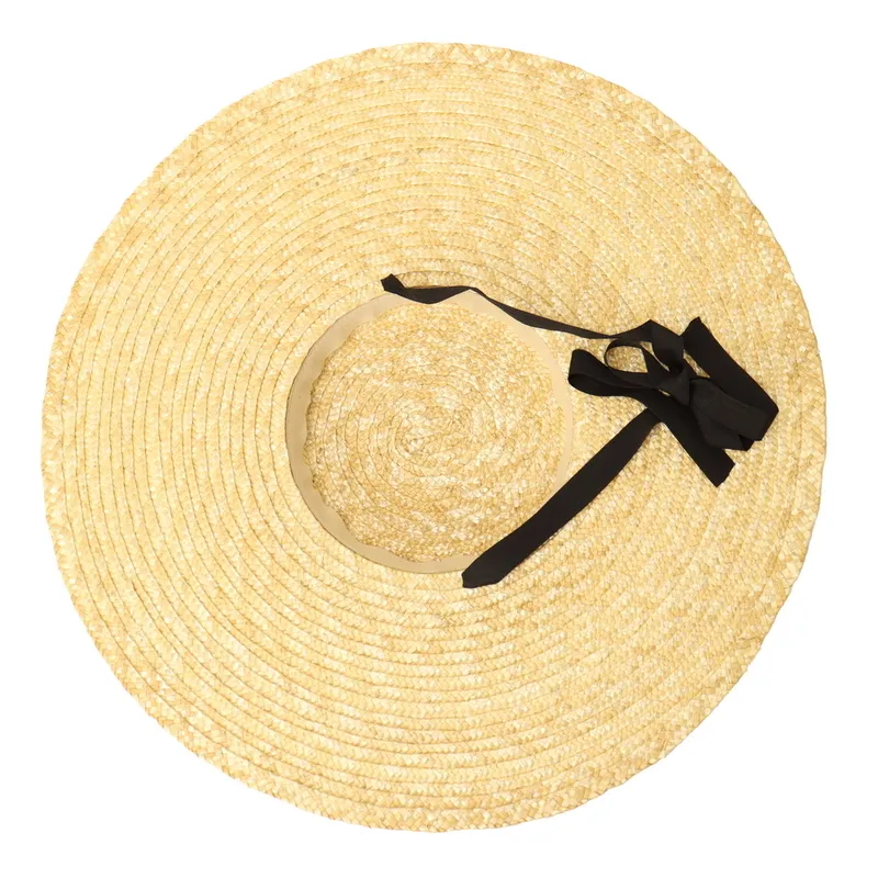 Vintage Large Brim Straw Hat for Women Flat Top Summer Beach Cap Shallow Crown Boater Sun Hats