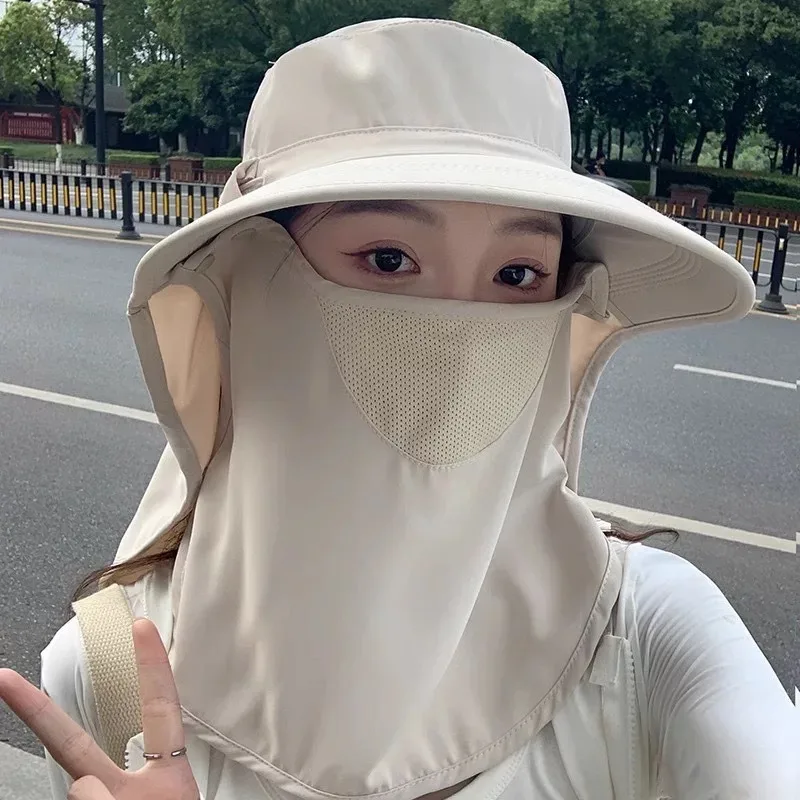 Summer Wide Brim Sun Hat with Face Cover - Full Coverage UV Protection Bucket Hat -Outdoor Beach Travel