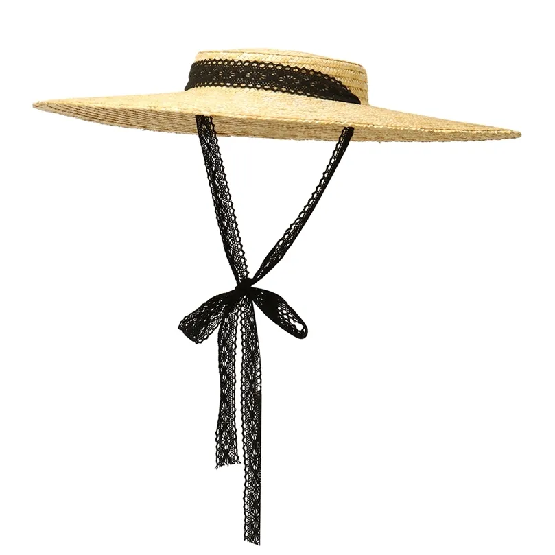 Vintage Large Brim Straw Hat for Women Flat Top Su...