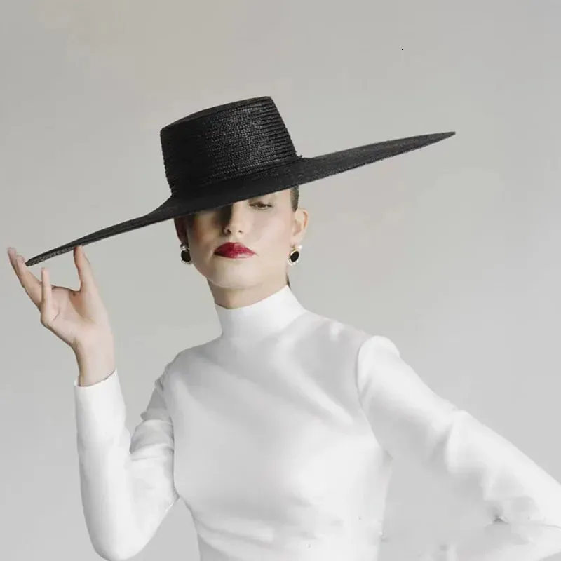 Spring Summer Brim Black Straw Hat Flat Top Straw ...