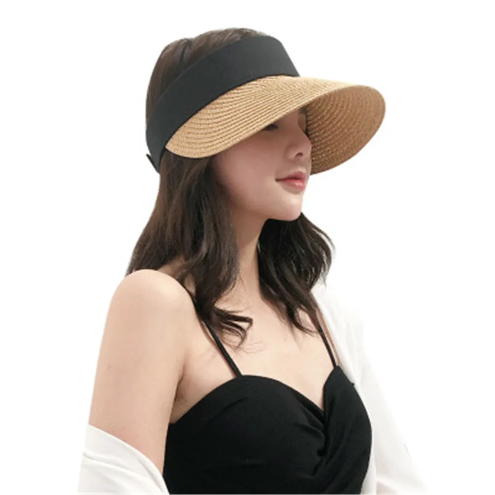 Foldable Portable Beach Hat Wide Brim Sun Hat Roll-up Summer Casual Straw Cap Visors For Women