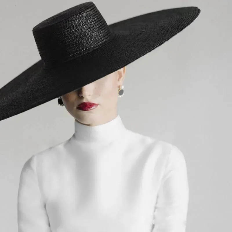 Spring Summer Brim Black Straw Hat Flat Top Straw Hats For Women Elegant French Retro Sun Hat Hat