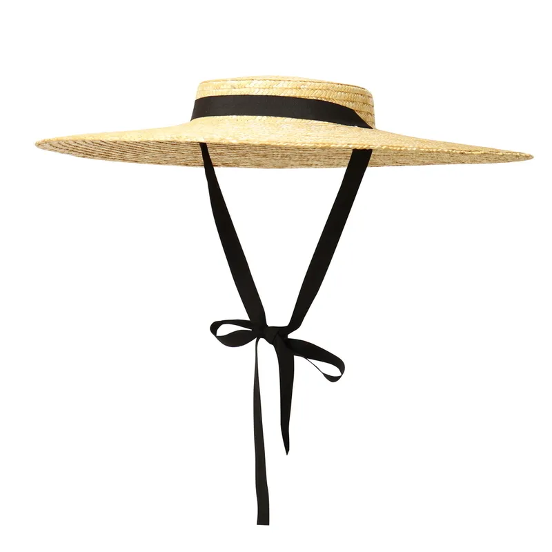 Vintage Large Brim Straw Hat for Women Flat Top Summer Beach Cap Shallow Crown Boater Sun Hats