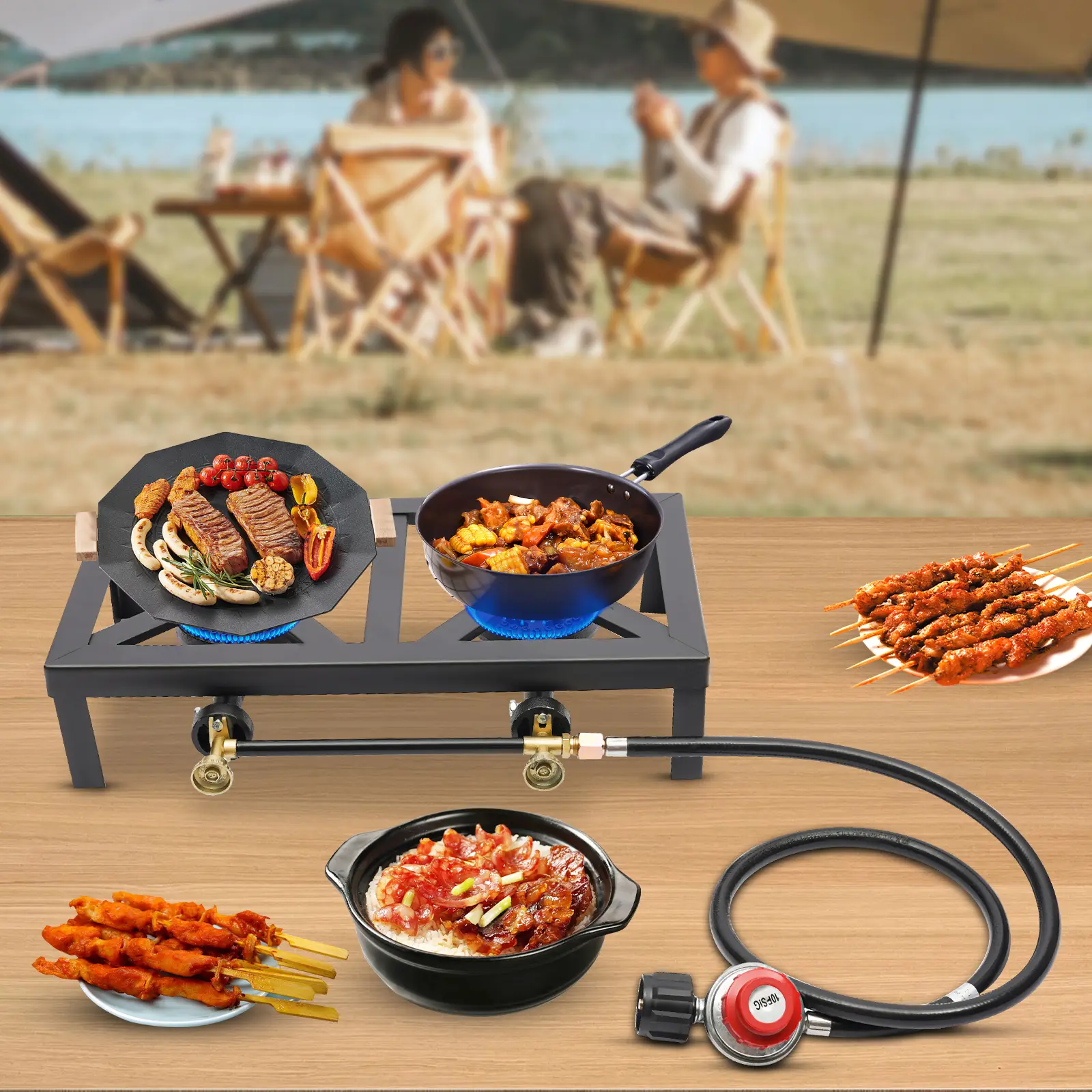 Double Propane Gas Burner Stove for Camping & Outdoor Cooking with Regulator Hose Durable Iron Construction