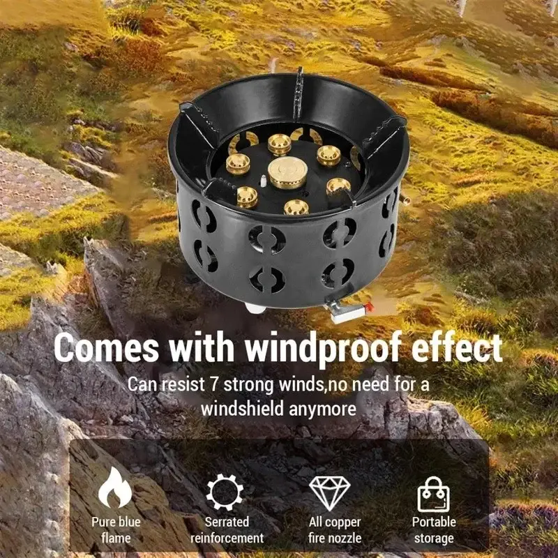 19800W 7-Core Camping Stove High-Power Strong Fire Portable Tourist Gas Burner Windproof Electronic Ignition Camping Equipment