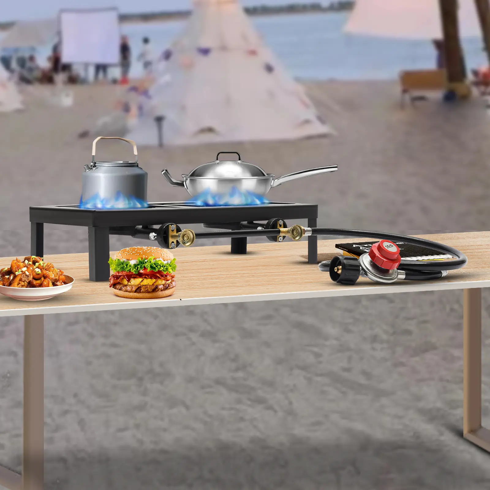 Double Propane Gas Burner Stove for Camping & Outdoor Cooking with Regulator Hose Durable Iron Construction