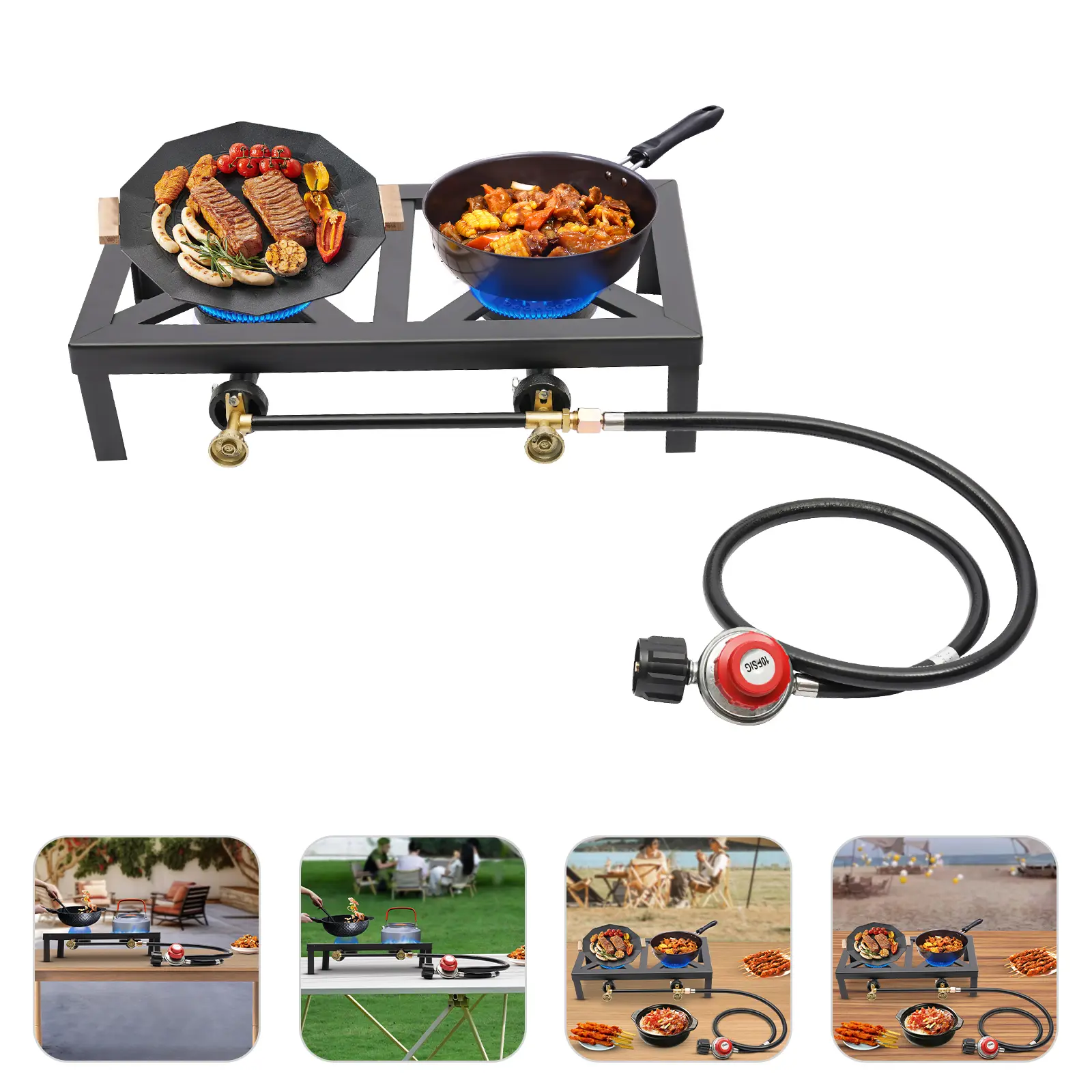 Double Propane Gas Burner Stove for Camping & Outdoor Cooking with Regulator Hose Durable Iron Construction