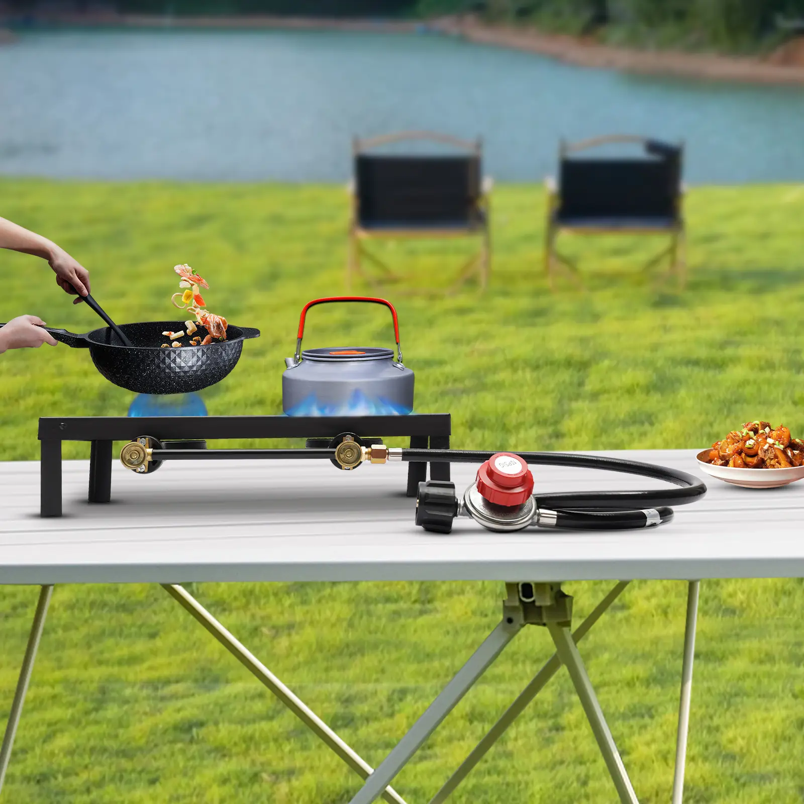 Double Propane Gas Burner Stove for Camping & Outdoor Cooking with Regulator Hose Durable Iron Construction
