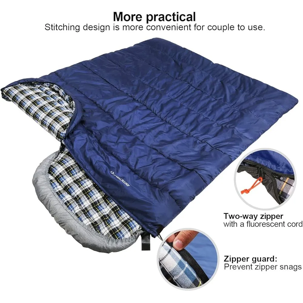 Comfortable Flannel Sleeping Bag Adults Warm Cotton Camping Hiking Detachable Hood 2-Way Zipper Internal Pocket Compression Bag