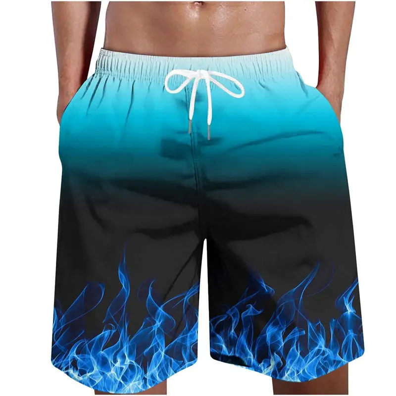Men's Flame Printed Swim Shorts 3D Fire Pattern Quick-Dry Beach Surf Board Trunks Swimwear
