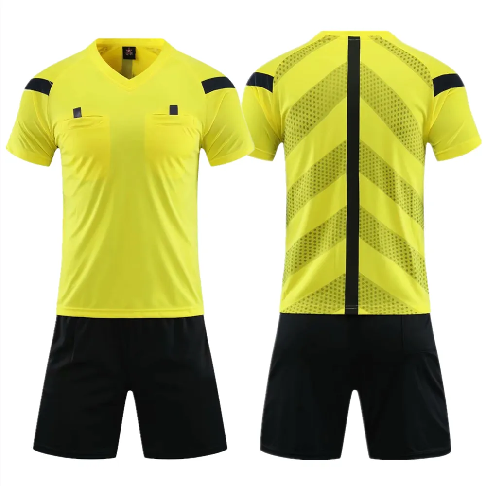 Professional Referee Soccer Jersey Set Adult V-Neck Uniform with Three Pockets Shorts for Match Judges